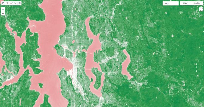 A satellite map with color codes of N D V I distribution of sentinel 2 imagery over Seattle, Washington, U S A.