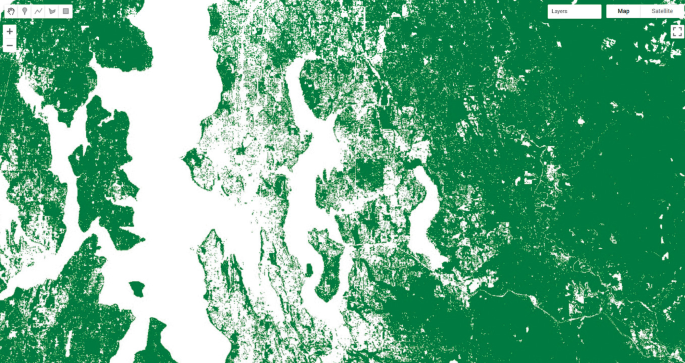 A satellite map with color-coded regions for thresholded forest and non-forest based on N D V I for Seattle, Washington, U S A.