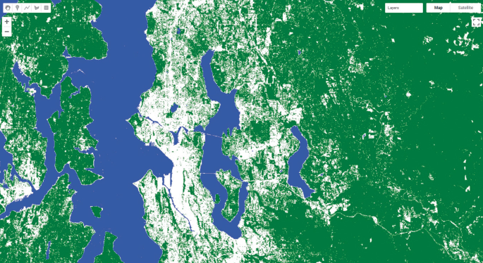 A satellite map with color-coded regions for thresholded water, forest and non-forest based on N D V I for Seattle, Washington, U S A.