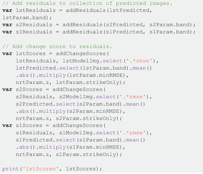 A 19-line code with a 2-line comment. The code is for the following function. Add residuals to the collection of predicted images, and add change score to residuals.