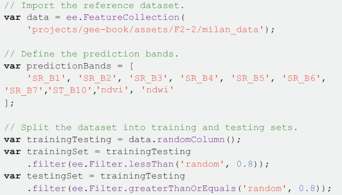 A program code to import the reference dataset, define the prediction bands, and split the dataset into training and testing sets.