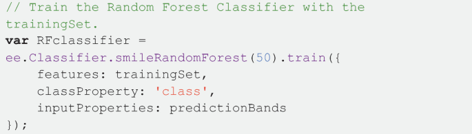 A program code to train the random forest classifier with the training set. It includes the R F classifier, features, class property, and input properties.