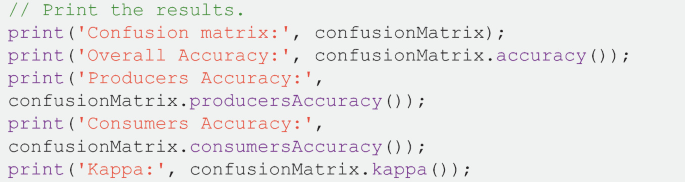 A program code to print the results of confusion matrix, overall accuracy, producers accuracy, consumers accuracy, and kappa.
