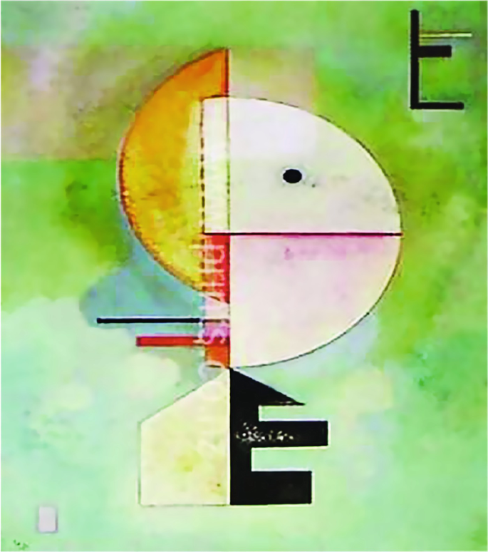 An abstract painting presents a partitioned semicircle to the right and a semicircle to the left. A few shapes are below, and the symbol t is at the top right. The background is shaded.