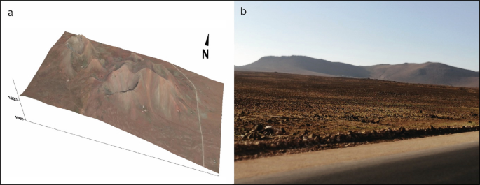 A 3-dimensional illustration of a piece of land with a sparse, undulating surface. The second photo has uneven terrain in the forefront and a large crater-like area in the background.