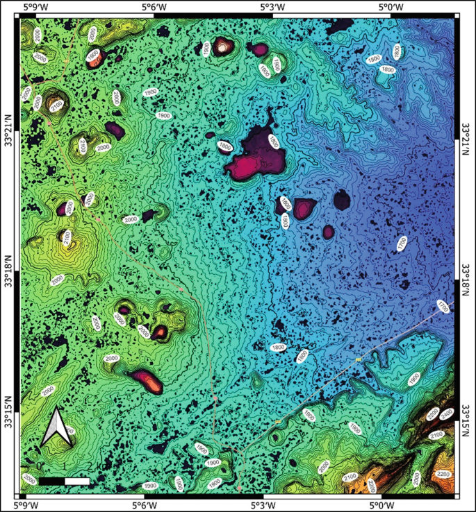 A map of a plateau with depressions. It has differently shaded regions and contour lines over the land surface and depressions.