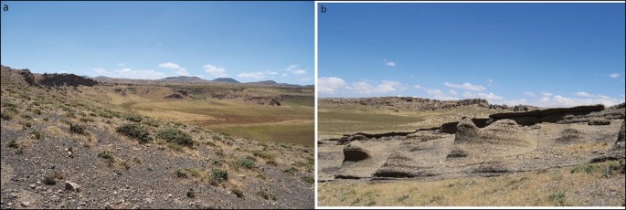 2 photos of desolate landscape with levelled plains in the center and rugged hills on either side.