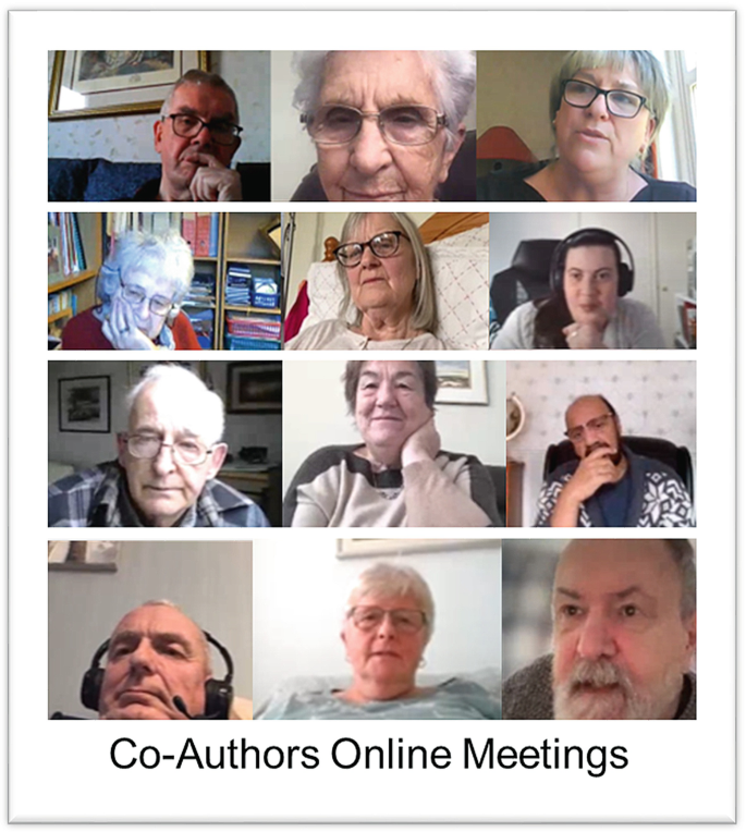 A panel of 12 photographs of co-authors during a video conference in an online meeting, with two of them wearing headsets.