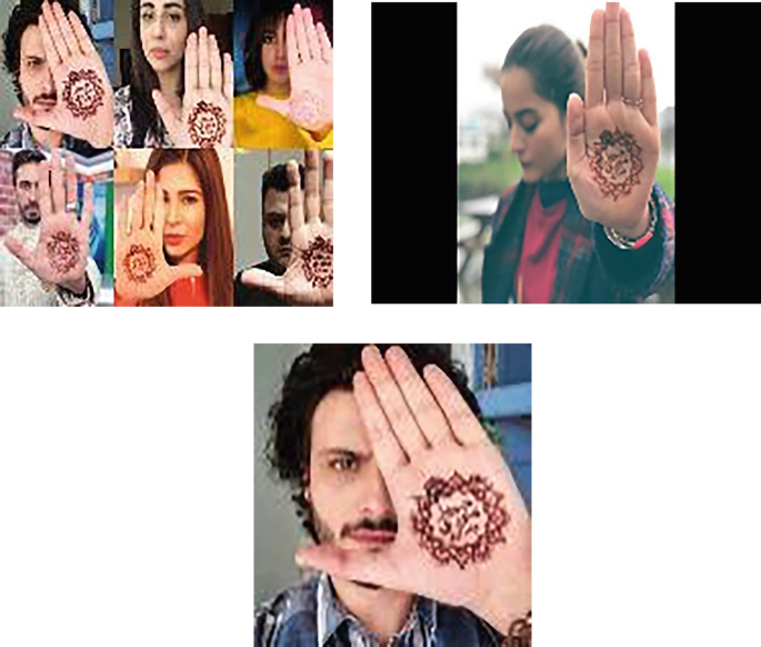 A collage of 6 photographs and two other photographs of people putting henna stencils to campaign against the dowry system.