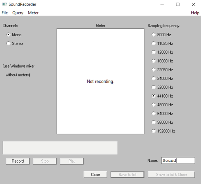 A screenshot of the sound recorder. The title bar reads soundrecorder. The menu bar has file, query, and meter. The page to the left has channels mono and stereo, in the center meter, and to the right sample frequency from 8000 to 192000 hertz. Below it has record, stop and play to the left and name to the right. The next line has close, save to list, and save to list and close.