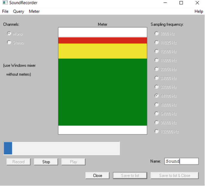 A screenshot of the soundrecorder while recording. The color in the meter box is green below, yellow in the middle, and red at the top.