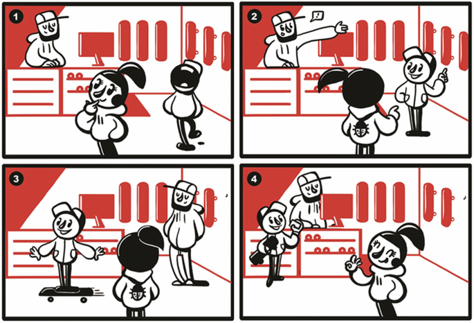 Four cartoon pictures numbered 1 to 4 display a story. The interaction between 2 representatives and a girl at the billing counter of a shop is portrayed.