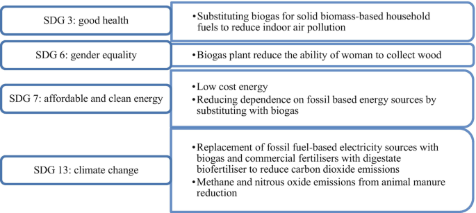 A data list of S D Gs and their contribution to the biogas plant. The S D G 3 is good health, 6 is gender equality, 7 is affordable and clean energy, and 13 is climate change.