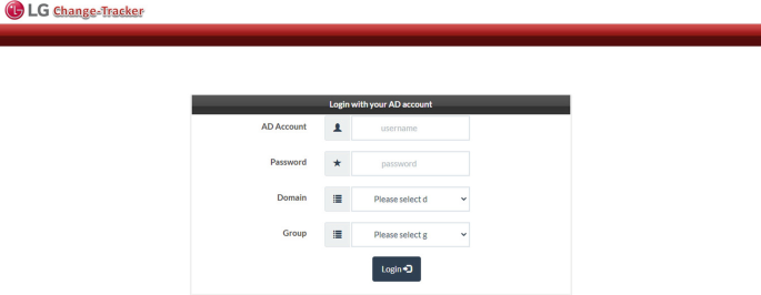 A screenshot of the L G change tracker. It loads login with your A D account tab that lists your A D account, password, domain, and group details to login in.