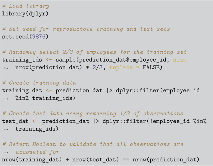 A pseudocode for load library, set seed for reproducible training and test sets, randomly select 2 slash 3 of employees for the training set, create training data, create test data using remaining 1 slash 3 of observations, and return boolean functions.