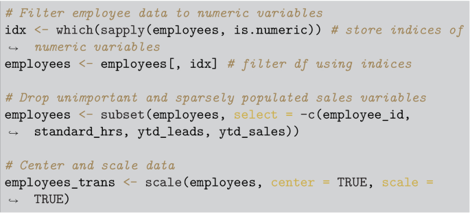 A pseudocode of filter employee data to numeric variables, store indices of numeric variables, drop unimportant and sparsely populated sales variables, and center and scale data functions.