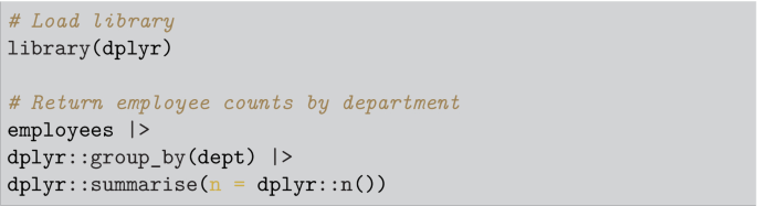 A snippet of an R program with commands to load library and return employee counts by department.
