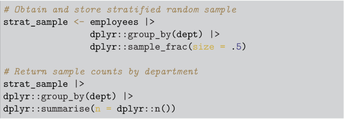 A snippet of an R program with commands to obtain and store stratified random samples and return sample counts by the department.