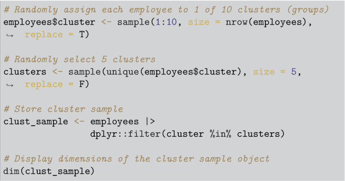 A snippet of an R program with commands to randomly assign each employee to 1 of 10 clusters, randomly select 5 clusters, store cluster samples, and display dimensions of the cluster sample object.
