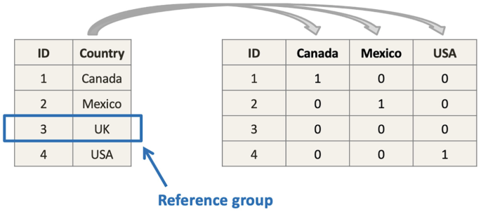 Two tables with 2 columns and 4 rows and 4 columns and 4 rows. Their column headers are as follows. I D and country, and I D, Canada, Mexico, and U S A. The third row of the first table is labeled reference group.