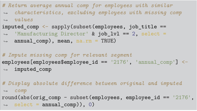 An algorithm for the following tasks. Return average annual comp for employees with similar characteristics, excluding employees with missing comp values, impute missing comp for relevant segment, and display absolute difference between original and imputed comp.