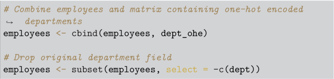 An algorithm for the following tasks. Combine employees and matrix containing one-hot encoded departments and drop original department field.