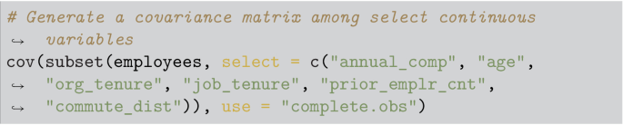 A three-line algorithm written to complete the following task. Generating a covariance matrix among select continuous variables.