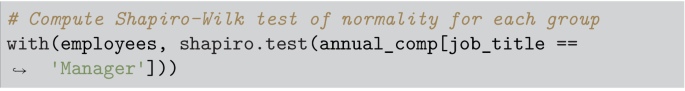 A code snippet that computes Shapiro Wilk test of normality for a group.