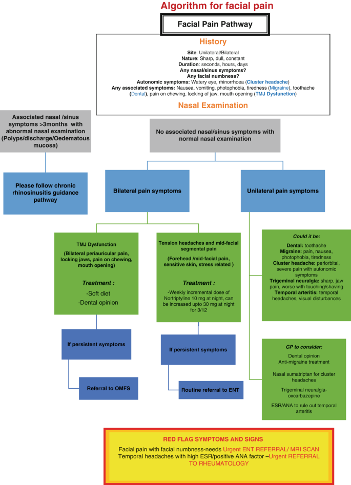 An algorithm for the facial pain pathway with a history of nasal examination. If associated nasal or sinus symptoms are greater than 3 months, the chronic rhinosinusitis guidance pathway is followed. No associated symptoms lead to bilateral and unilateral pain symptoms.