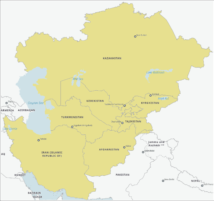 A map that highlights the countries like Iran, Turkmenistan, Afghanistan, Tajikistan, Uzbekistan, Kyrgyzstan, and Kazakhstan.