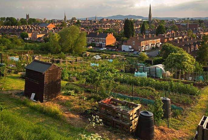 A photograph of Worcester City represents an open woodland scrub area with several buildings spread over a large area.