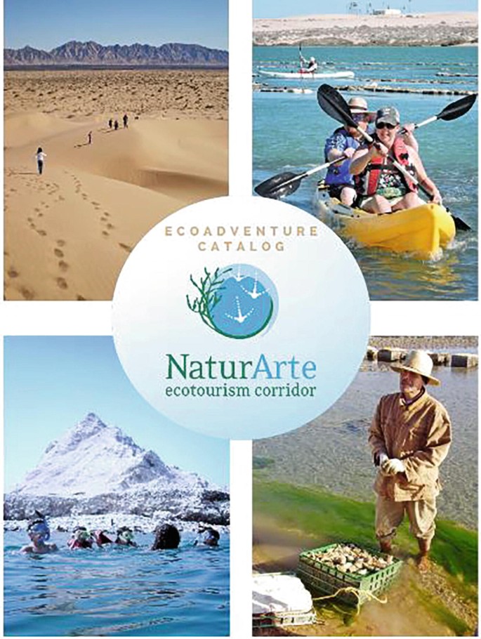 A catalog comprises of logo of NaturArte ecotourism corridor at the center. It has 4 photos that include people walking in the desert, 2 people rowing a boat, people swimming in mountain water, and a person in an estuary.