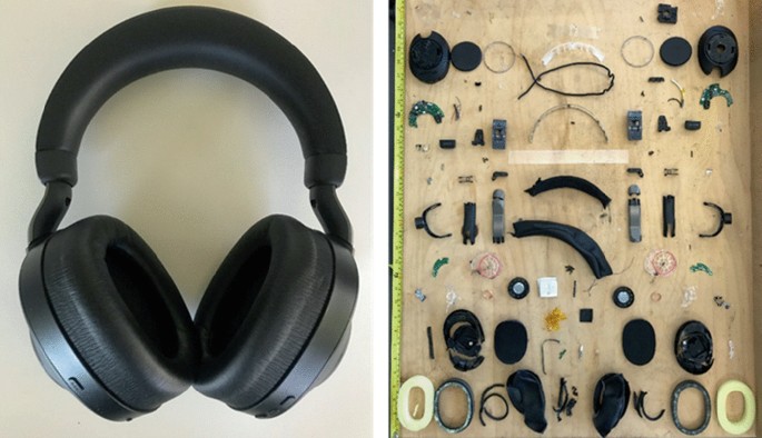 Left, A photograph of a headphone. Right, Several components and pieces of headphones after dismantling.