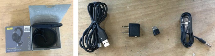 Two photographs. Left, Displays the packed box and an open box of a headphone. Right, Displays a U S B cable, adapter, connecting pin, and a 3.5 m m jack connector cable.
