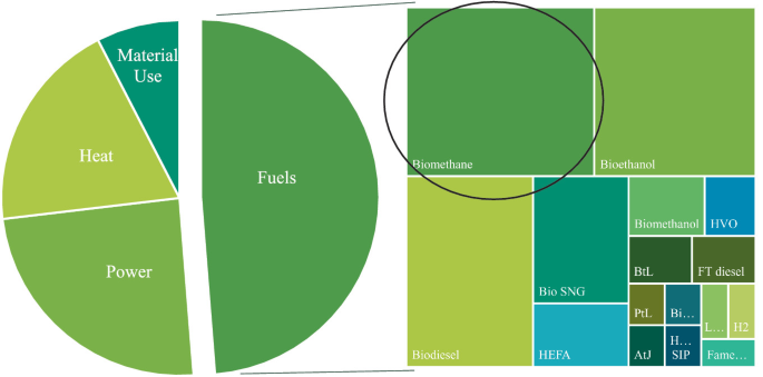 Left, a pie chart presents the distribution of energy sectors in decreasing order as fuels, power, heat, and material use. Right, a tree map chart presents 16 different fuels examined. Biomethane has the highest value, while fame has the lowest.