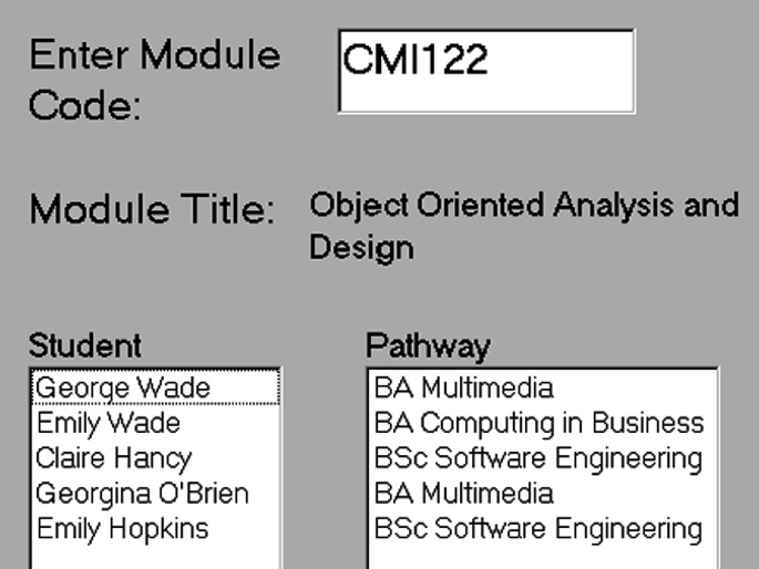 A screengrab of a dialog box where the module code is set to C M I 122. Module title, Object oriented analysis and design. Student box contains 5 names, pathway lists 5 Bachelor courses.