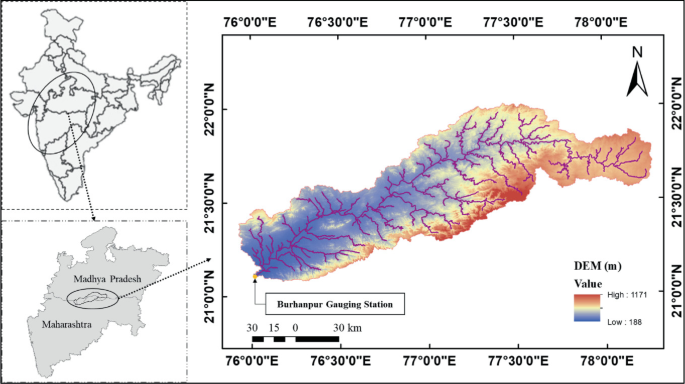 A D E M map illustrates the Tapi River flow in the study area. Left. An India map at the top and a zoomed-in section at the bottom. It illustrates the Tapi River Basin. Right. A map marks the highest D E M on the eastern side, while it is low on the north-western side.