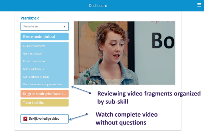 A screenshot of the dashboard. It depicts a paused video of a woman speaking. The text in the screenshot is in a foreign language. Two callouts pointing to the list read, reviewing video fragments organized by sub-skill, and watch a complete video without questions.
