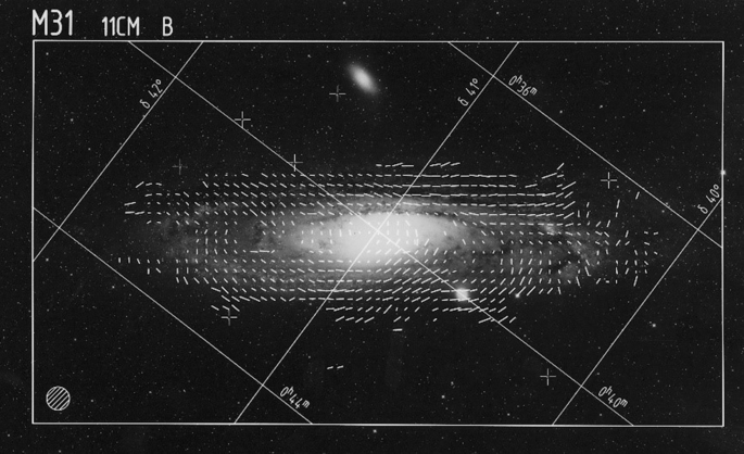 A photograph of the early map of magnetic fields in M31 made by Beck using the 100-meter Effelsberg radio telescope.