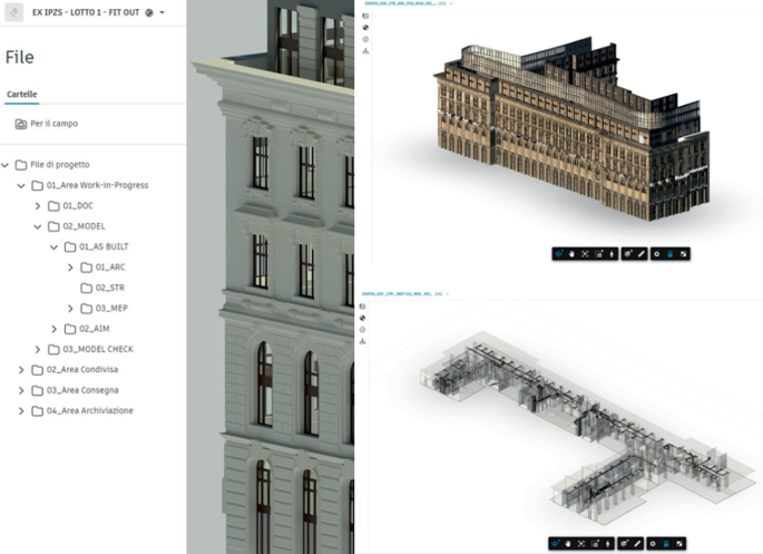 A screenshot depicts the file panel on the left, and on the right is a cropped 3-D side view of a multistory building, a 3-D view of a building, and a 3-D layout of a building with various options.