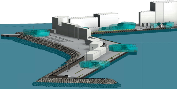 A 3 D model of an area near the water. It has a line of several buildings with color gradient security systems in place at alternative points.