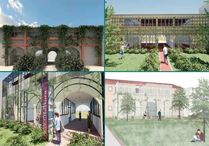 4 computer-generated illustrations of buildings and walls with arched entrances. Clockwise from top left, the first is a brick wall covered with plants. The second is a building with a wooden grid structure around the building. The third and fourth are entranceways covered in hanging plants.