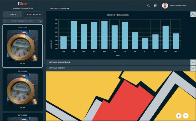 A screenshot presents a bar graph at the top, a drawing of an abstract pattern representative of buildings at the bottom, and the readings from 2 machines on the left panel. The labels are in a foreign language.