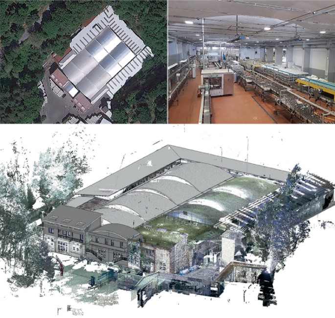 A 3D aerial map, a photograph, and a graphical rendering of a mineral water bottling company. 1. The company's headquarters are in the center, surrounded by dense greenery. 2. a wide photo of the factory's equipment arranged in a series. 3. a frontal portion of the structure.
