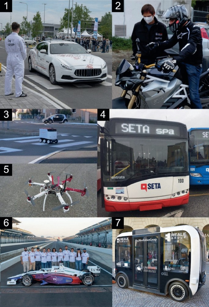 Seven photographs. 1. A car with a stereo camera. 2. A motorbike. 3. A gyroscope. 4. S E T A bus with a passenger. 5. A drone with a camera. 6. 11 people standing with Formula Indy. 7. Shuttle Olli.