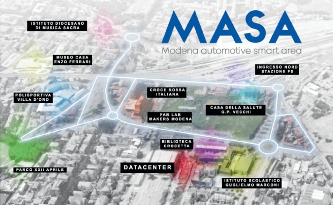 A satellite map of M A S A. The context of the urban regeneration of the R-Nord district in Modena is depicted.