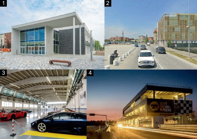 Four photographs include an infrastructure of a building, road with cars, a garage, and an automobile.