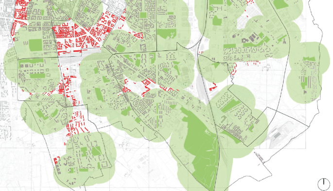 A map of Milan with neighborhood parks and roads highlighted in different colors.