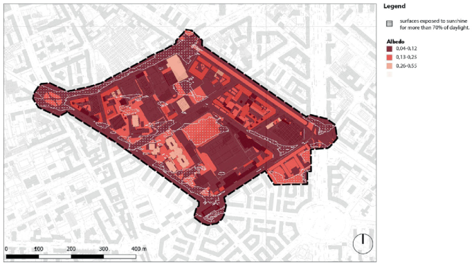 An albedo analysis of Corvetto. Surfaces experiencing sunshine for more than 70 percent of daylight are depicted, and the regions are shaded in dark to light shades.