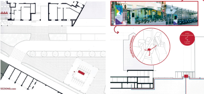 Two illustrations of a layout. A. The layout of a bicycle store is incorporated with the layout present in its opposite. B. A photograph of a bicycle store along with its circular layout reads a foreign language.